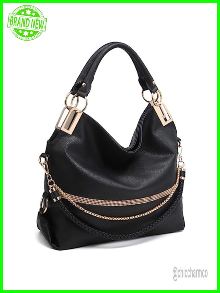 Large Hobo Bag With Rhinestone Accents Vegan Leather Tote Shoulder Handbag